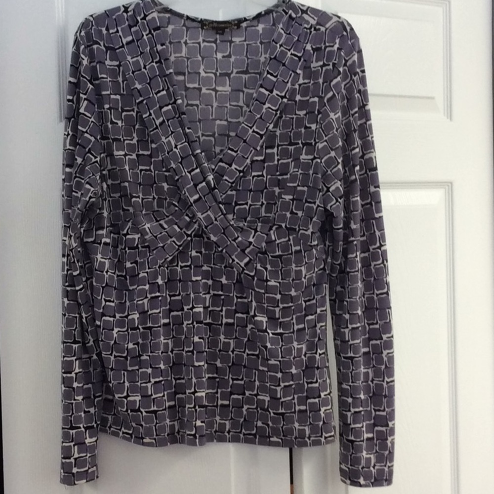 Purple/black V-neck top with criss-cross  bands